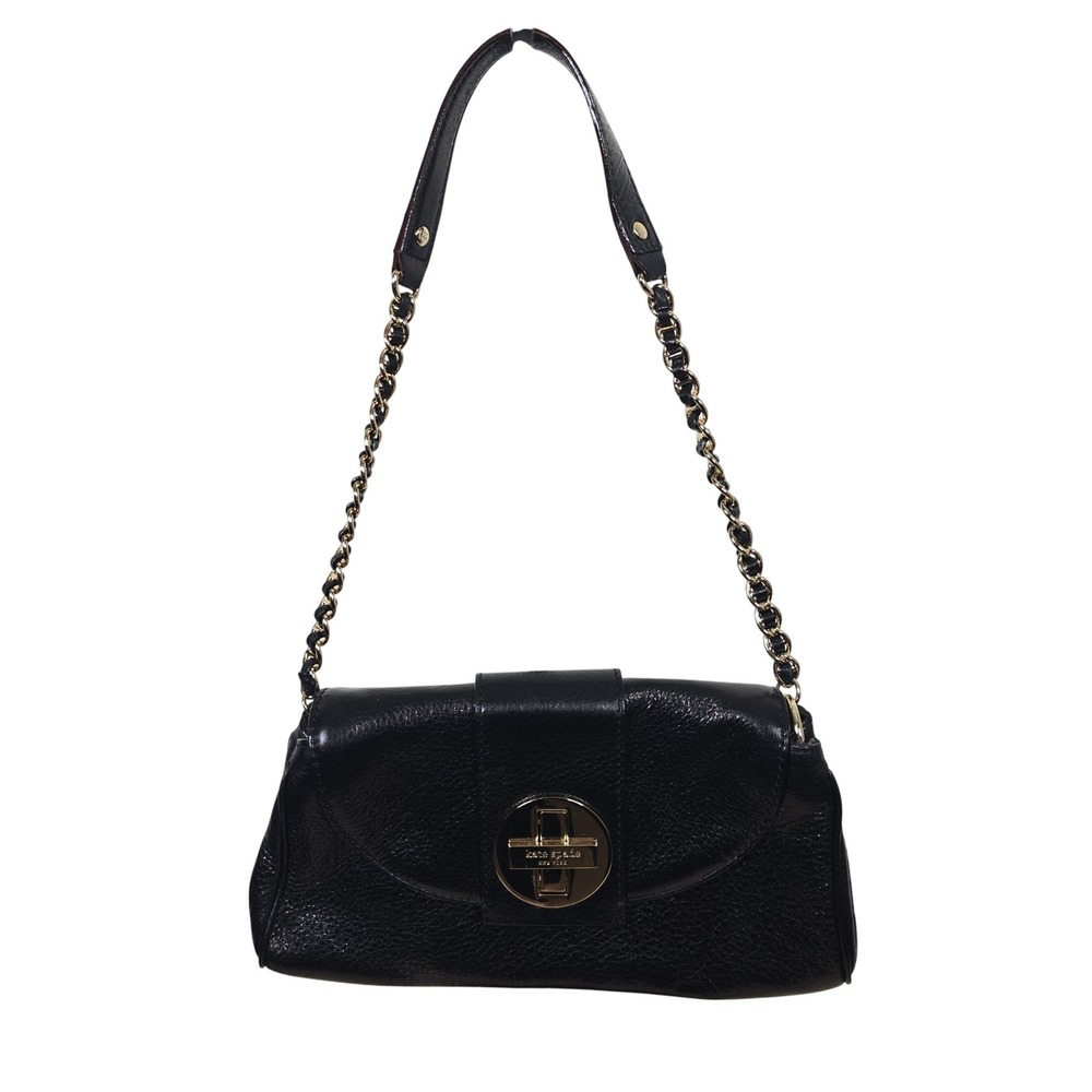 Kate Spade Black Pebbled Leather Turnlock Shoulder Bag Gold Chain Strap